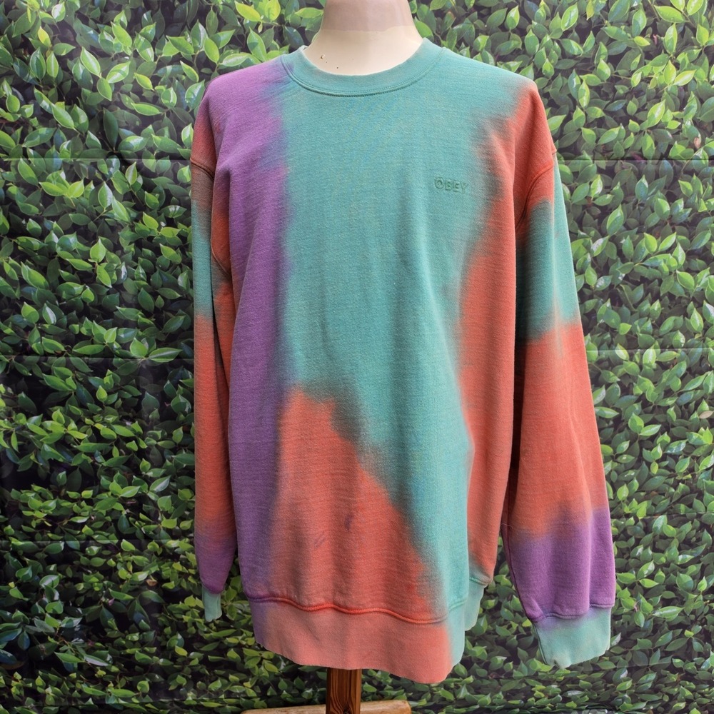 OBEY Sustainable Tie Dye Fleece Crew Sweatshirt Men's Medium Purple Nitro Multi